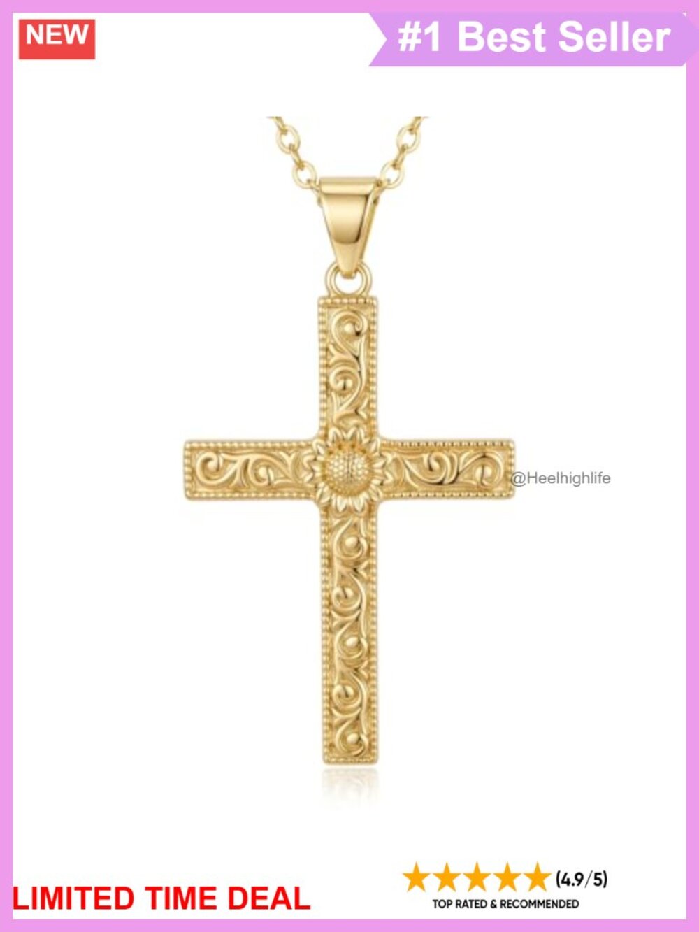 14K Gold Plated Cross Sunflower Pendant Necklace 20 Inch Adjustable